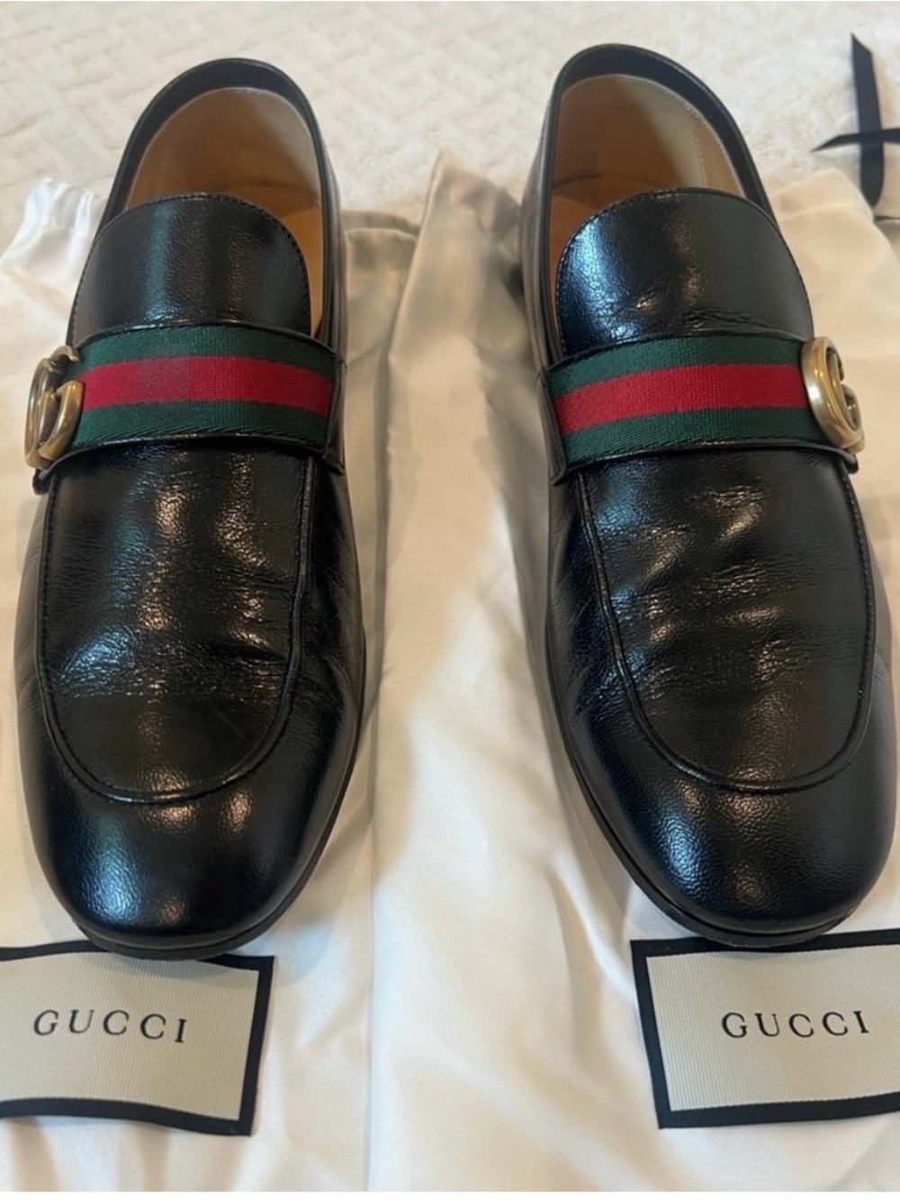 Gucci Black Leather Loafers with Green and Red Web and Gold Horsebit